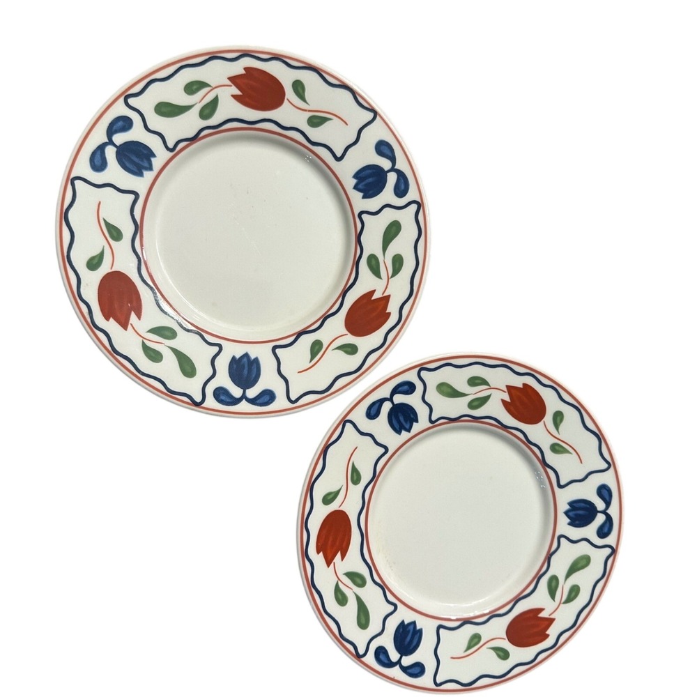 2 International China Plates Vintage Red Blue Tulip Floral Semi-Porcelain Japan